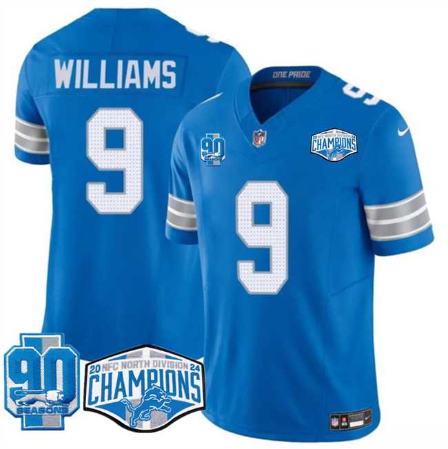 Men%27s Detroit Lions #9 Jameson Williams Blue 2024 NFC North Champions 90th Anniversary Patch F.U.S.E. Vapor Limited Stitched Jersey